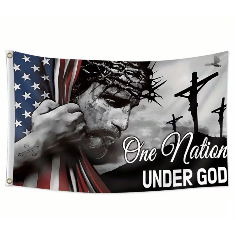 One Nation Under God Christian American Flag Banner Jesus Crosses Patriotic 3x2’